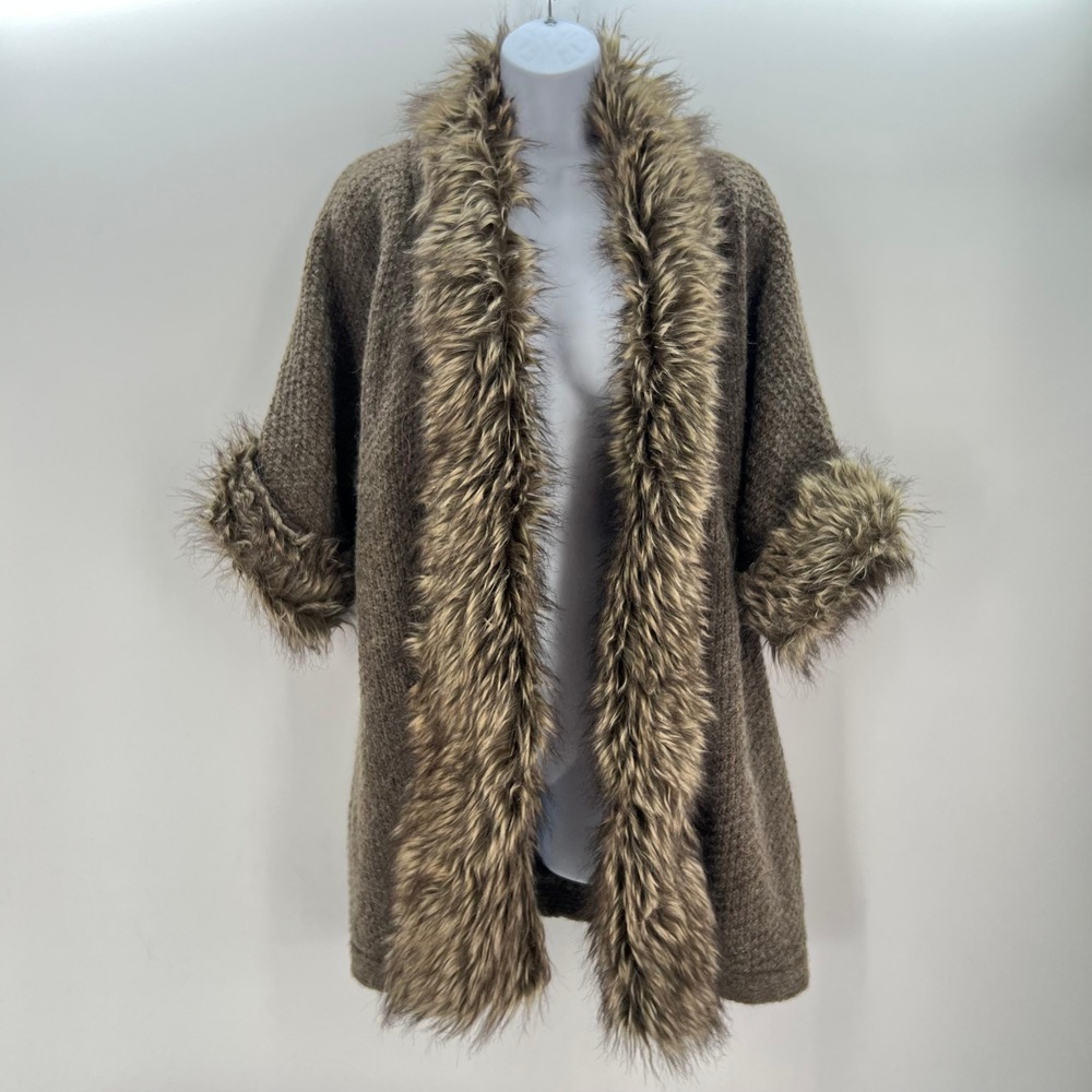 Kenar Penny Lane Faux Fur Trim Cardigan Small Brown Alpaca Wool Blend Boho Chic